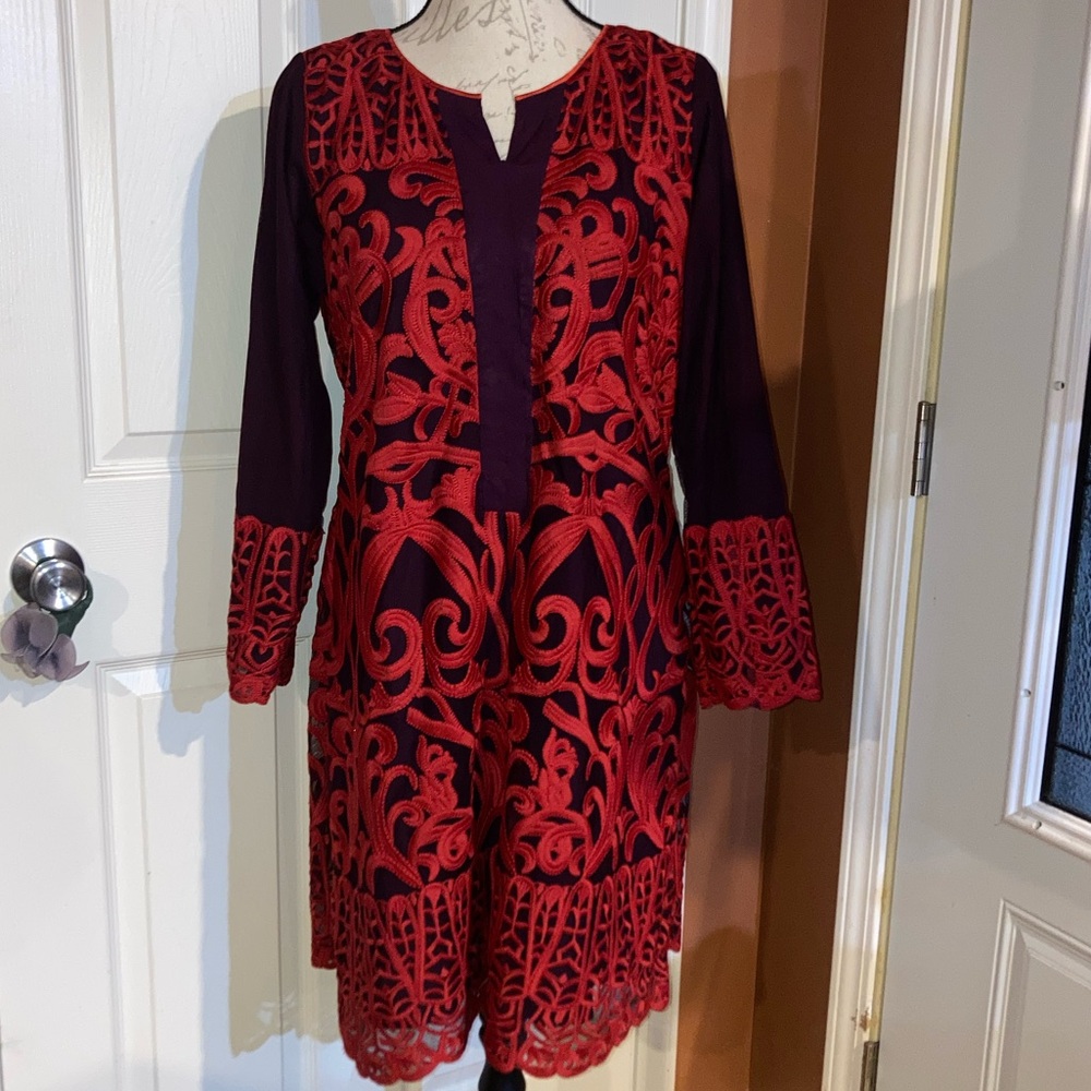 Ethnic Embroidered Dress Red Eggplant Purple Tasneem Javed Designer Collection
